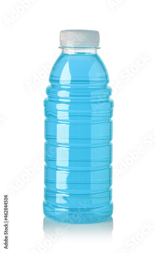 Plastic bottle of blue sweet water