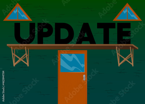 Update text with front door background. Bar, Cafe or drink establishment front with poster.