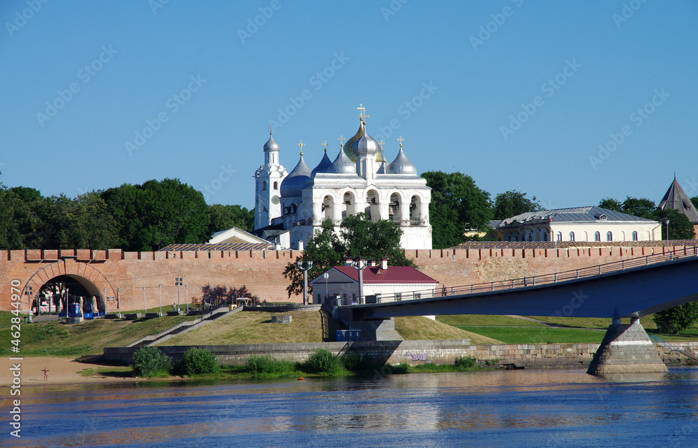 VELIKY NOVGOROD, RUSSIA - July, 2021: Novgorod Kremlin, walls and towers on a sunny summer day. Belfry