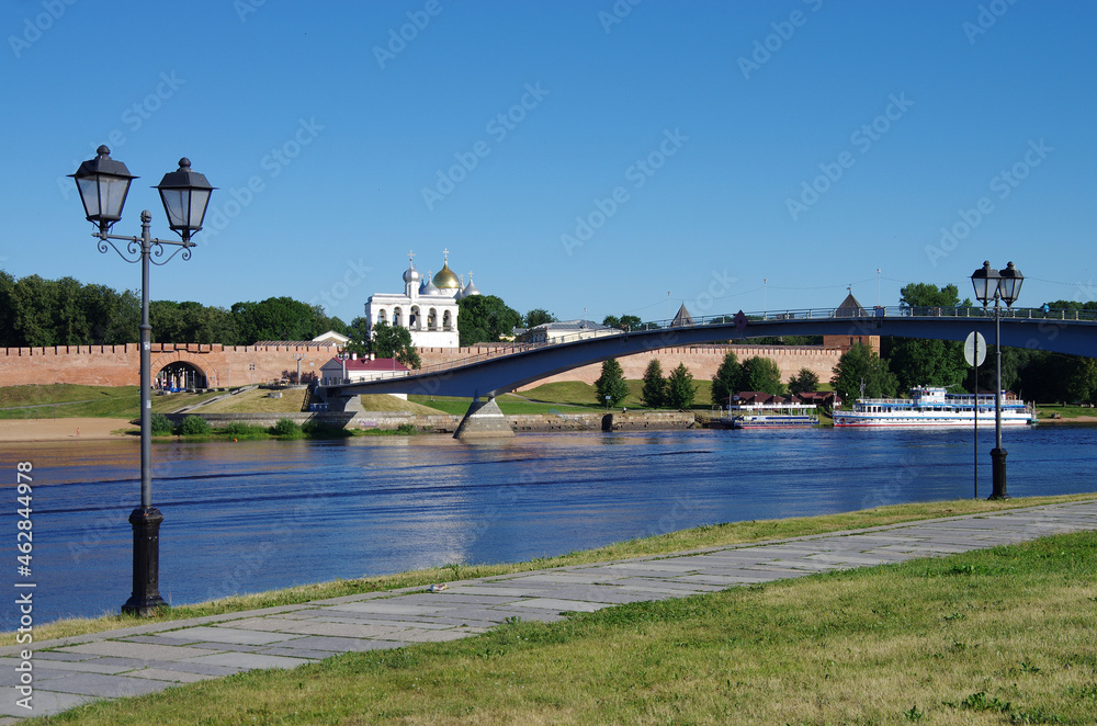 VELIKY NOVGOROD, RUSSIA - July, 2021: Novgorod Kremlin, walls and towers on a sunny summer day
