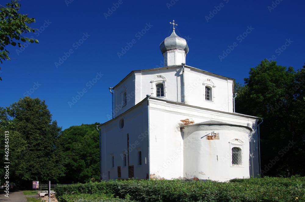 VELIKY NOVGOROD, RUSSIA - July, 2021: Church Georgiya Pobedonostsa Na Torgu VELIKY NOVGOROD, RUSSIA - July, 2021: Church Georgiya Pobedonostsa Na Torgu