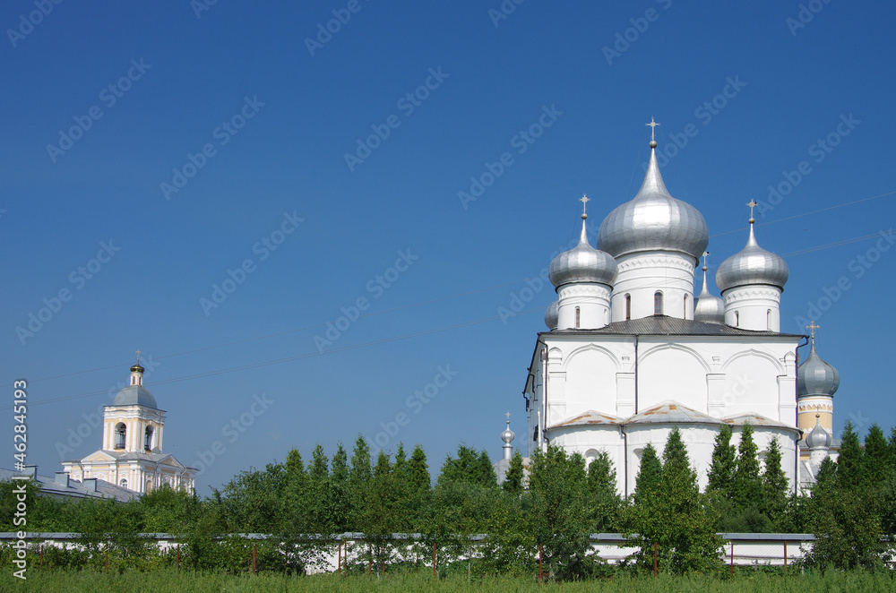 NOVGOROD REGION, VILLAGE of KHUTYN, RUSSIA - July, 2021: Khutyn Monastery of Saviour's Transfiguration and of St. Varlaam
