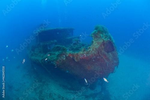 France, Corsica, Underwater view ofÔøΩAlcioneÔøΩC shipwreck - Italian tanker shelled and sunk during World War II photo