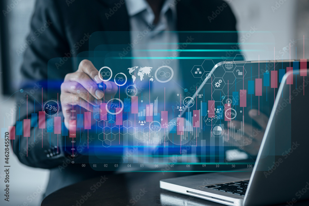 Businessman hands touching on network and digital finance marketing chart and future technology background Businessman hands touching on network and digital finance marketing chart and future technology background