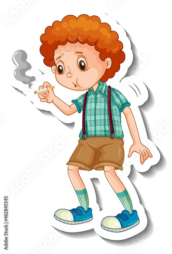 Sticker template with a boy smoking cartoon character isolated