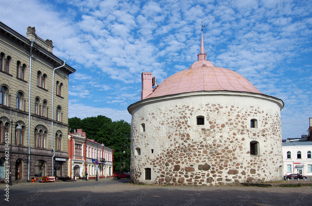 Vyborg, Russia - July, 2021: Round Tower is a fortification at the market square