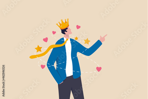 Narcissist people, extreme self involvement too much confident disorder, so proud attitude egocentric person, narcissism businessman admire himself and proud of his crown with love and stars around. photo