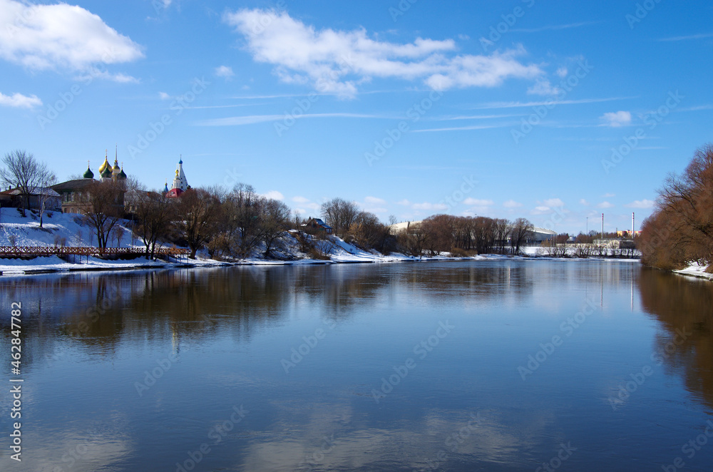 Kolomna, Russia - March, 2021: Cathedral square of the Kolomna Kremlin, view from the Moscow river