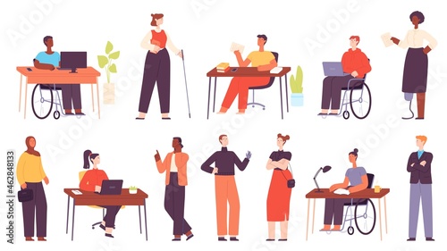 Inclusive multicultural office workers at workplace. Cartoon business people in wheelchair, disabled character at work. Diversity vector set