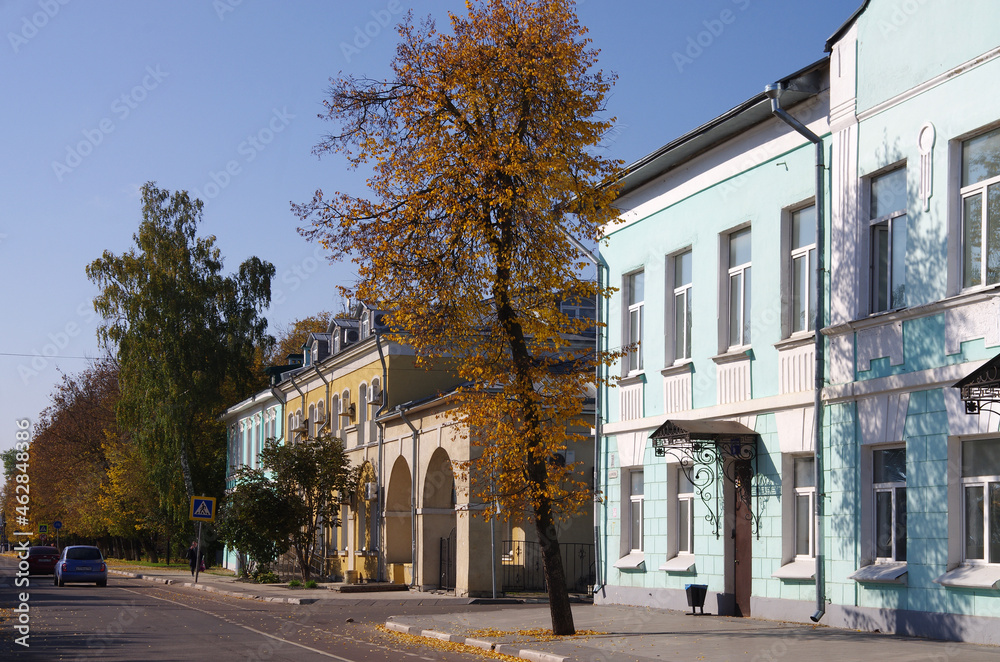 Kolomna, Russia - October, 2021: Zaitseva Street in autumn day