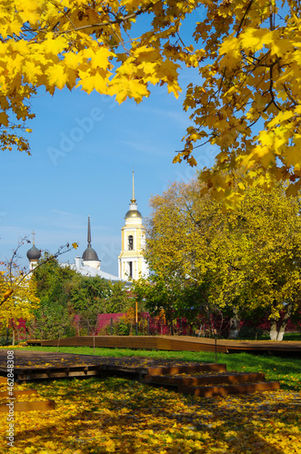 Kolomna, Russia - October, 2021:  The ensemble of the buildings of the Cathedral square in Kolomna Kremlin in sunny autumn day