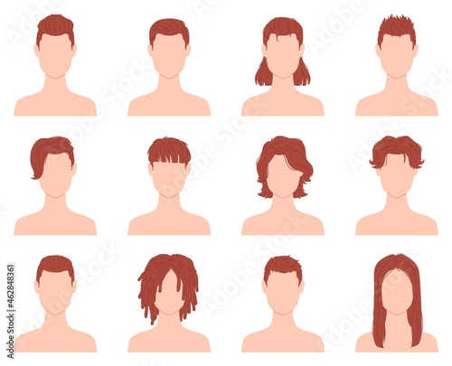 Cartoon hairstyles for men or boys with short, long and curly hair. Male haircut in barber salon. Flat fashion man hairstyle icon vector set