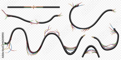 Realistic broken and torn copper electric power wires. Damaged cables with cuts. Disconnect communication cord. Danger power wire vector set