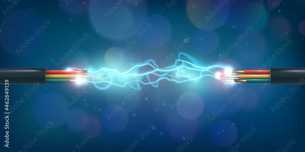 Copper power cable connection with glowing electrical spark. Colored energy circuit wires discharge. Communication technology vector concept - obrazy, fototapety, plakaty 