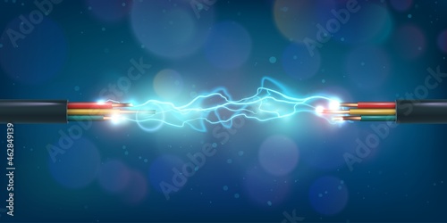 Copper power cable connection with glowing electrical spark. Colored energy circuit wires discharge. Communication technology vector concept photo
