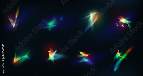 Crystal rainbow lights effect, flare reflection from prism or diamond. 3d gem shining iridescent glare. Lens colorful refraction vector set