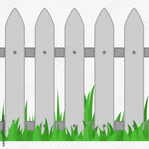 Seamless wooden fence and grass isolated on transparent background. Fence, barrier or fencing for a village house. Vector illustration in flat style. EPS 10.