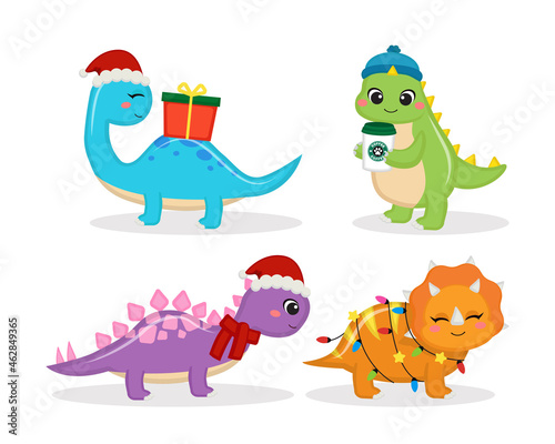 Cute dinosaurs friend celebrates Christmas collection. Flat vector cartoon design