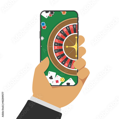 Smart phone in Hand with casino roulette wheel on screen. Gambling app concepts. Businessman holding device with gambling game. Vector illustration in flat style. EPS 10.