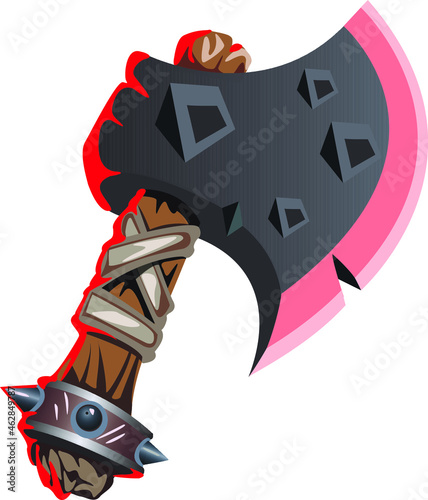 magic iron axe with wooden handle on white background