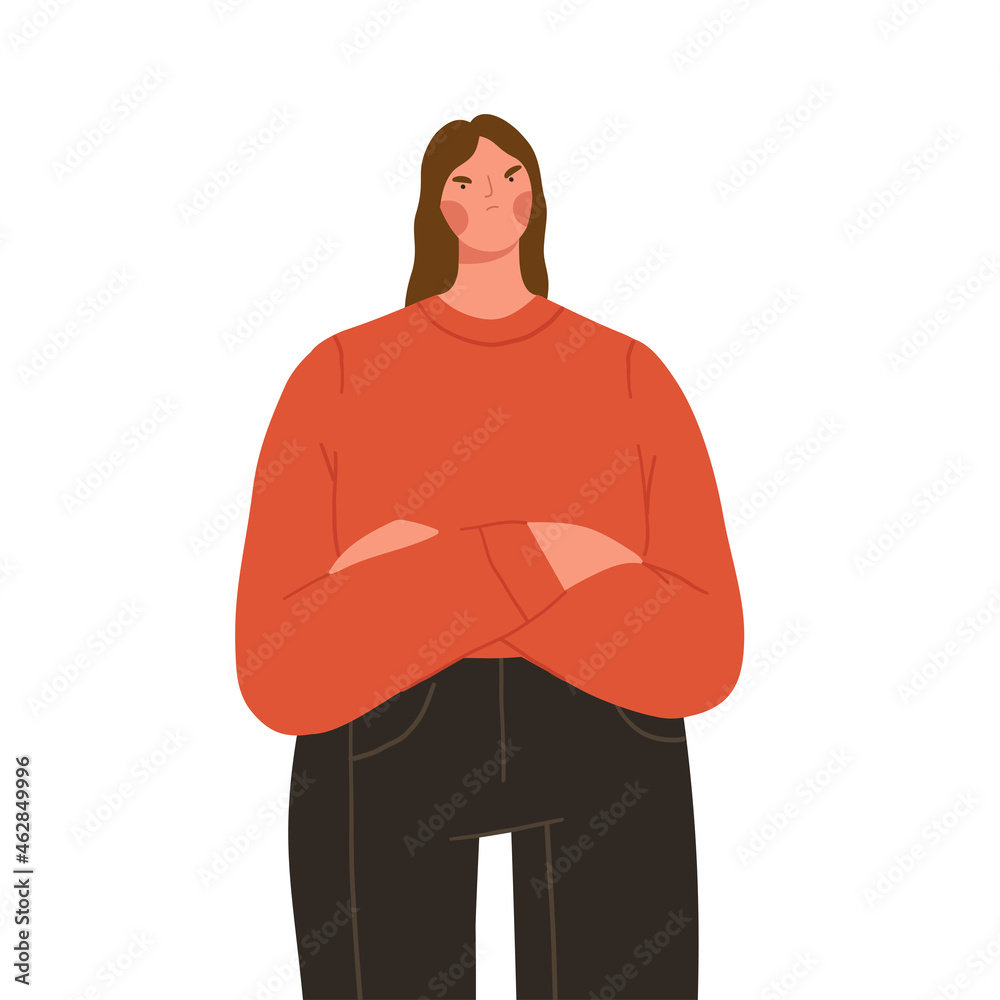 Angry offended woman with arms crossed. Frustrated female character with unhappy face expression. Flat graphic vector illustrations isolated on white backgroun.