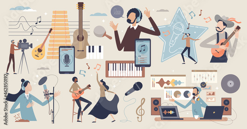 Music or sound volume elements with artist and performers tiny person collection set. Isolated items with notes, musical instruments, song software applications and karaoke theme vector illustration.