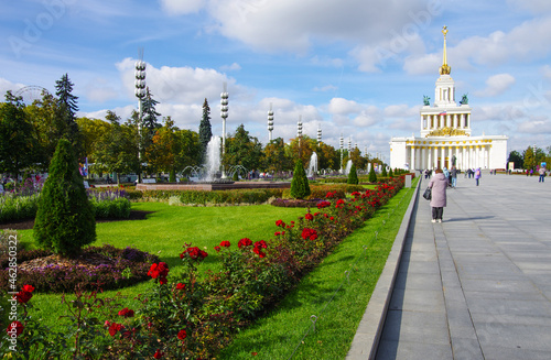 Moscow, Russia - September, 2021: VDNKh territory on a sunny autumn day