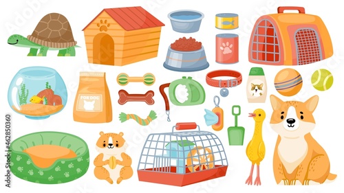 Cartoon pet food, accessories, care items, toys and treats. Animal shop supplies, collar, dog grooming, hamster cage and aquarium vector set