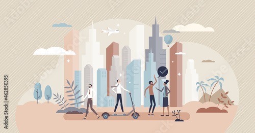 Urbanization as modern metropolis and city development tiny person concept. Crowded or dense environment with skyscrapers and inhabitants vector illustration. Business lifestyle and daily street scene