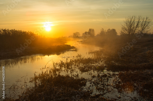 morning fog over the river red dawn © makam1969