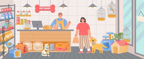 Pet shop inside interior with cashier and customer with dog. Animal food, accessory and toys in store. Cartoon zoo supermarket vector scene