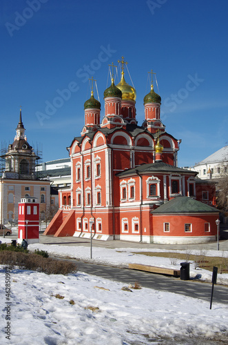 Moscow, Russia - March, 2021: View on Cathedral of the icon of the Mother of God "Sign" of the former Znamensky monastery on spring season