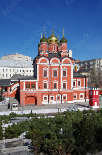 Moscow, Russia - March, 2021:  View on Cathedral of the icon of the Mother of God "Sign" of the former Znamensky monastery on spring season