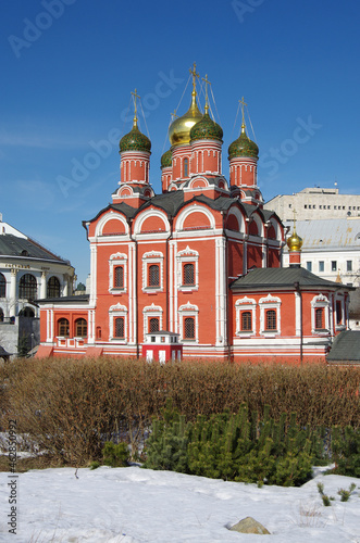 Moscow, Russia - March, 2021: View on Cathedral of the icon of the Mother of God "Sign" of the former Znamensky monastery on spring season