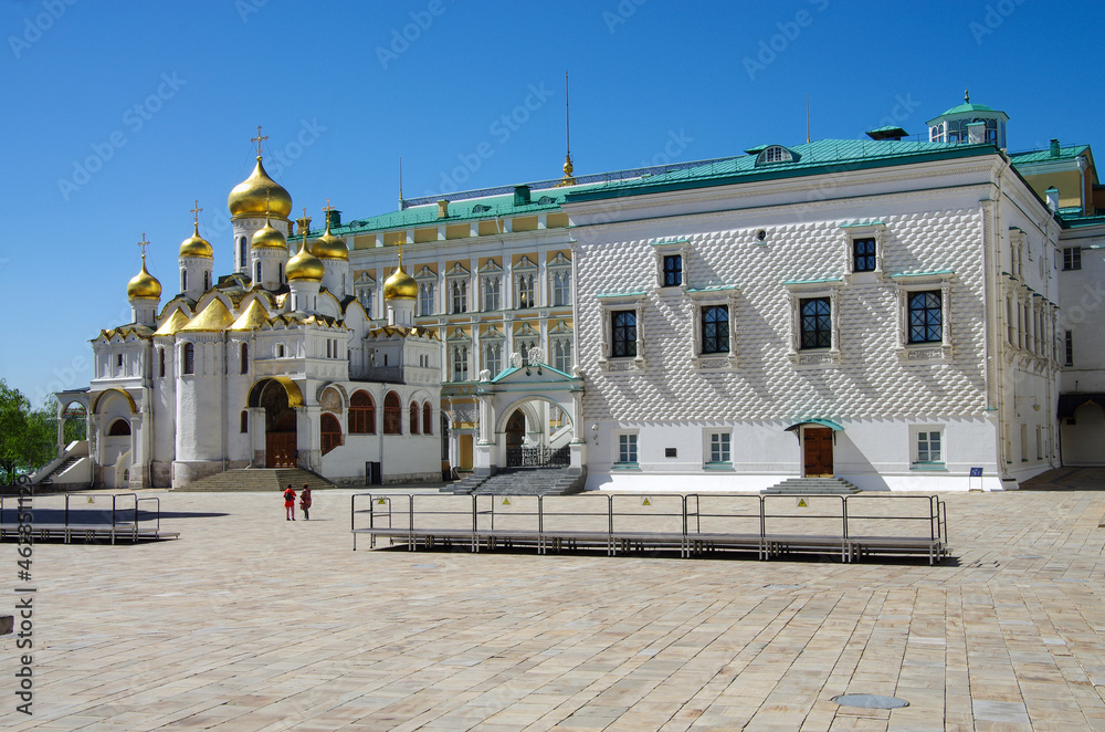 Moscow, Russia - May, 2021: Moscow kremlin inside in  sunny spring day. Cathedral of the Annunciation