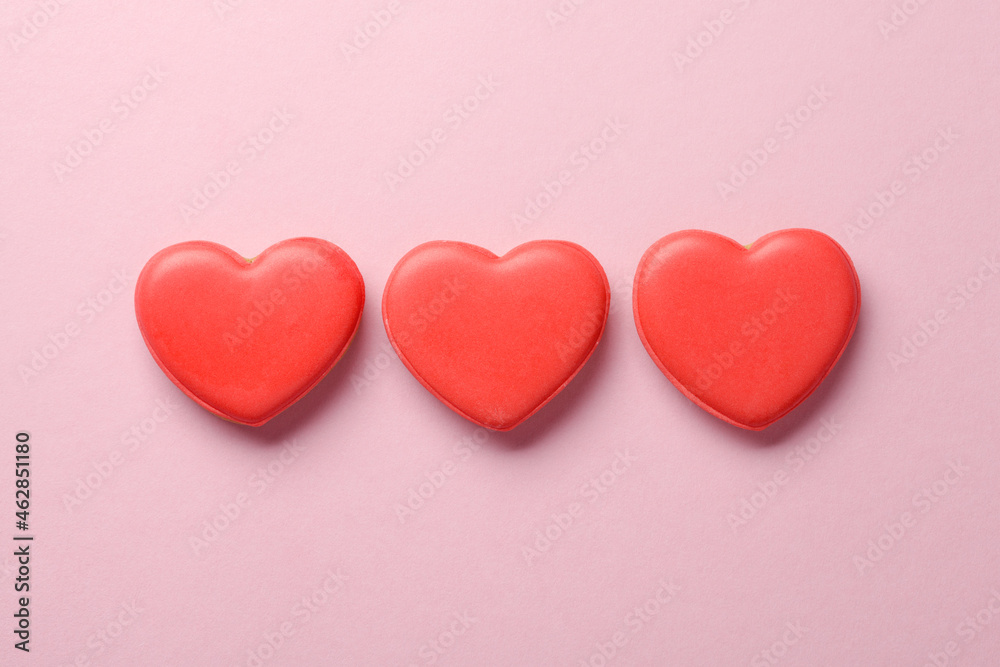 Heart shaped cakes on pastel pink background, love, family concept, Valentines day card