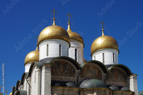 Moscow, Russia - May, 2021: Moscow kremlin inside in sunny spring day. Sobornaya Square and the Assumption Cathedral