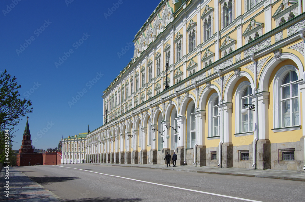 Moscow, Russia - May, 2021: Moscow kremlin in sunny spring day. Grand Kremlin Palace