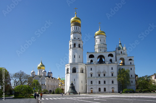 Moscow, Russia - May, 2021: Moscow kremlin inside in sunny spring day. Ivan the Great belltower