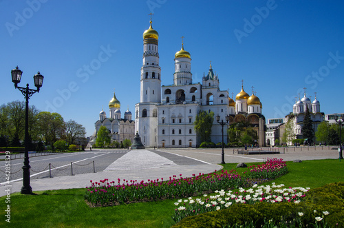 Moscow, Russia - May, 2021: Moscow kremlin inside in sunny spring day. Ivan the Great belltower