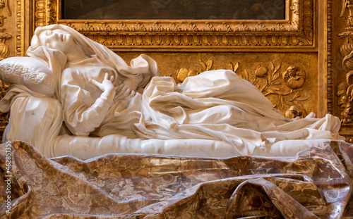 ROME, ITALY - AUGUST 29, 2021: The marbel statue of Ecstasy of Beata Ludovica Albertoni in the church Chiesa di San Francesco a Ripa by Gian Lorenzo Bernini (1671-1674).