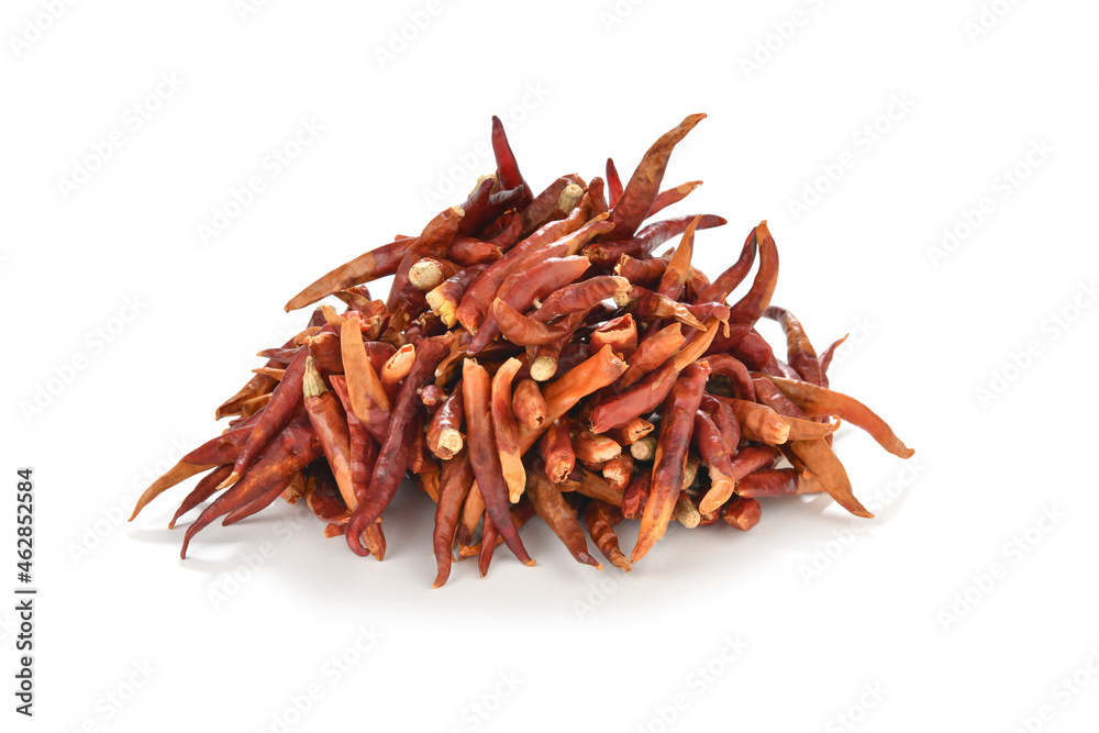 Obraz premium Heap of dried red hot chili pepper isolated on white background 