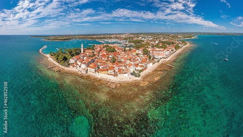 novigrad, drone, panorama, croatia, summer, city, istria, sea, town, church, adriatic, water, building, harbor, architecture, blue, coast, europa, istra, old, bay, tower, sky, tour tourism, historic,  photo