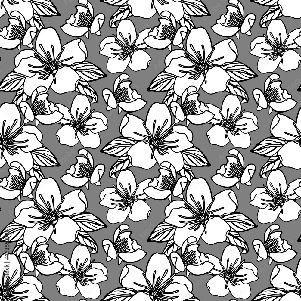 Seamless pattern with hand drawn apple or cherry tree flowers. Gray background. Nature digital paper.