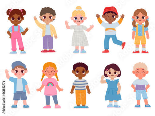 Cartoon happy multicultural children waving hello and smiling. Kindergarten kid characters with greeting gesture. Boys and girls vector set