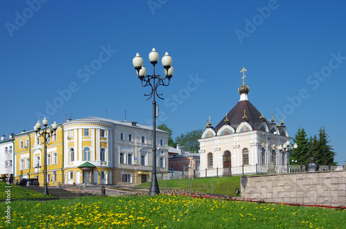 Rybinsk, Russia - May, 2021: View of the Nikolskaya chapel on the Volzhskaya embankment