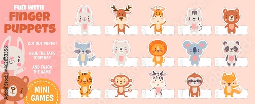 Finger puppets forest animals for paper cut kids activities. Home theater with handmade cartoon toys. Children craft education vector page © Tartila