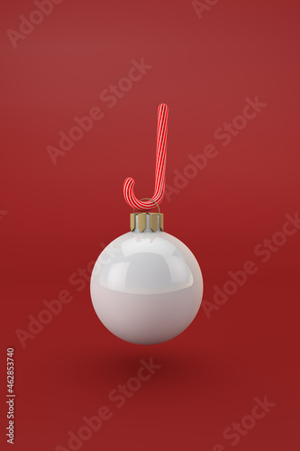 White christmas ball with decorative candy and red background. 3d render