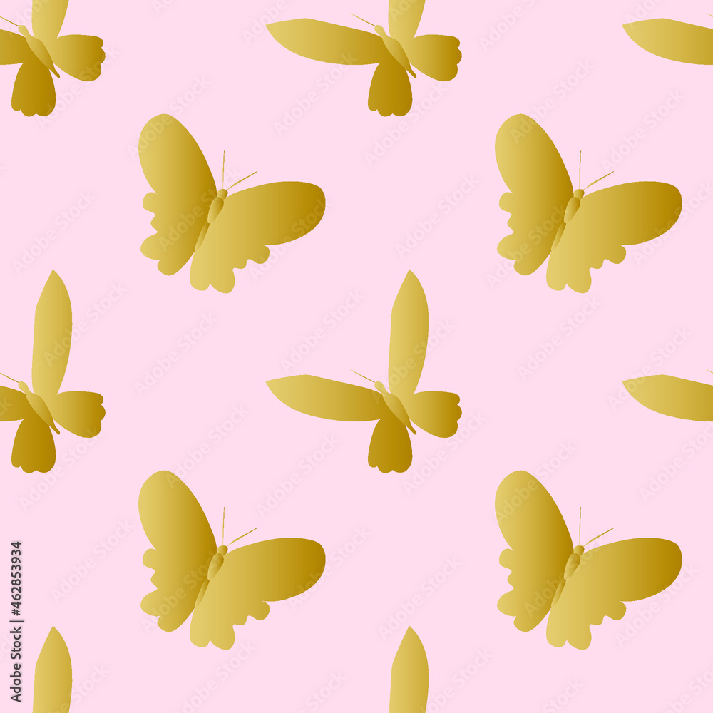 Seamless vector pattern with golden butterflies on a soft pink background.Repeating,summer,delicate hand drawn print in doodle style.Design for textile,fabric,wrapping paper,scrapbook paper,packaging.
