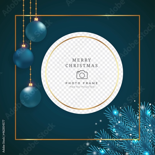 Christmas photo frame elements on a dark background. Photo frame with blue leaf and decoration balls. Holiday photo frame design with snowflakes, blue balls, and pine leaves.